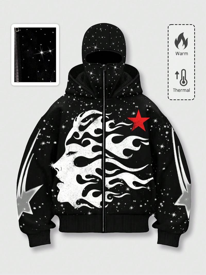 Men's Street Style Rhinestone Decor Hoodie With Two Hat, Windproof Jacket with Pockets and Zipper Design, Fall & Winter Wear Men's Street Style Rhinestone Decor Hoodie With Two Hat, Windproof Jacket with Pockets and Zipper Design, Fall & Winter Wear