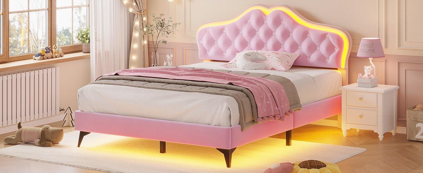Sikaic Velvet Princess Platform RGB LED Bed Frame with Storage Drawers and Adjustable Crystal Button Headboard Creamy Pink Furniture Nursery Design Cute Interior Bedroom Set Upholstered Modern Cama Sikaic Velvet Princess Platform RGB LED Bed Frame with Storage Drawers and Adjustable Crystal Button Headboard Creamy Pink Furniture Nursery Design Cute Interior Bedroom Set Upholstered Modern Cama