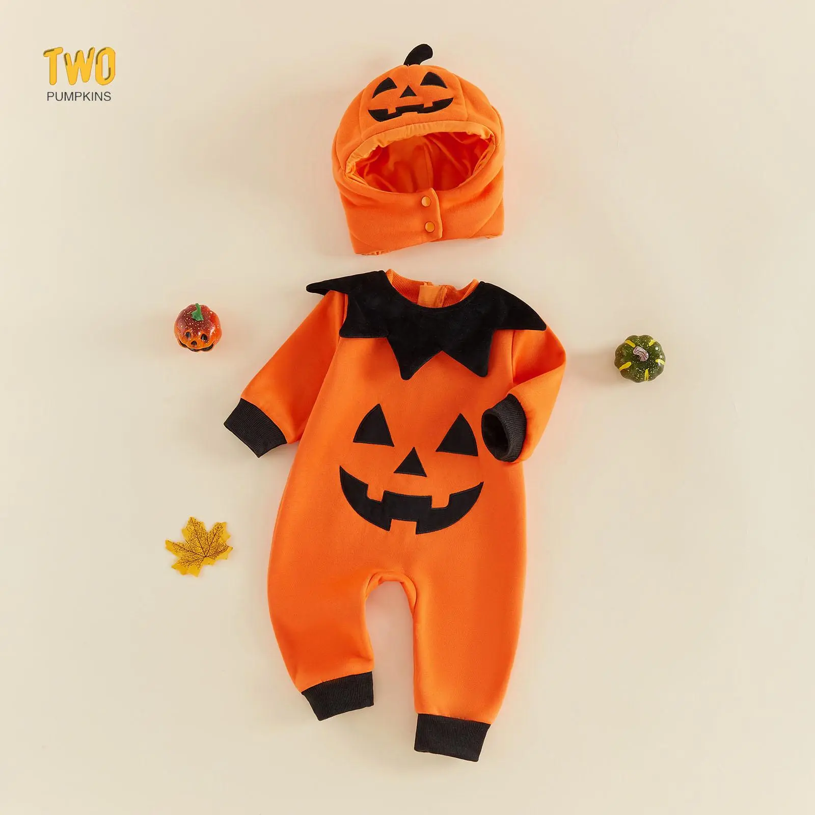 Toddler Baby Pumpkin Costumes Long Sleeve Jumpsuit Hat and Collar Set of 3 Halloween Cosplay Clothes for Party Stage