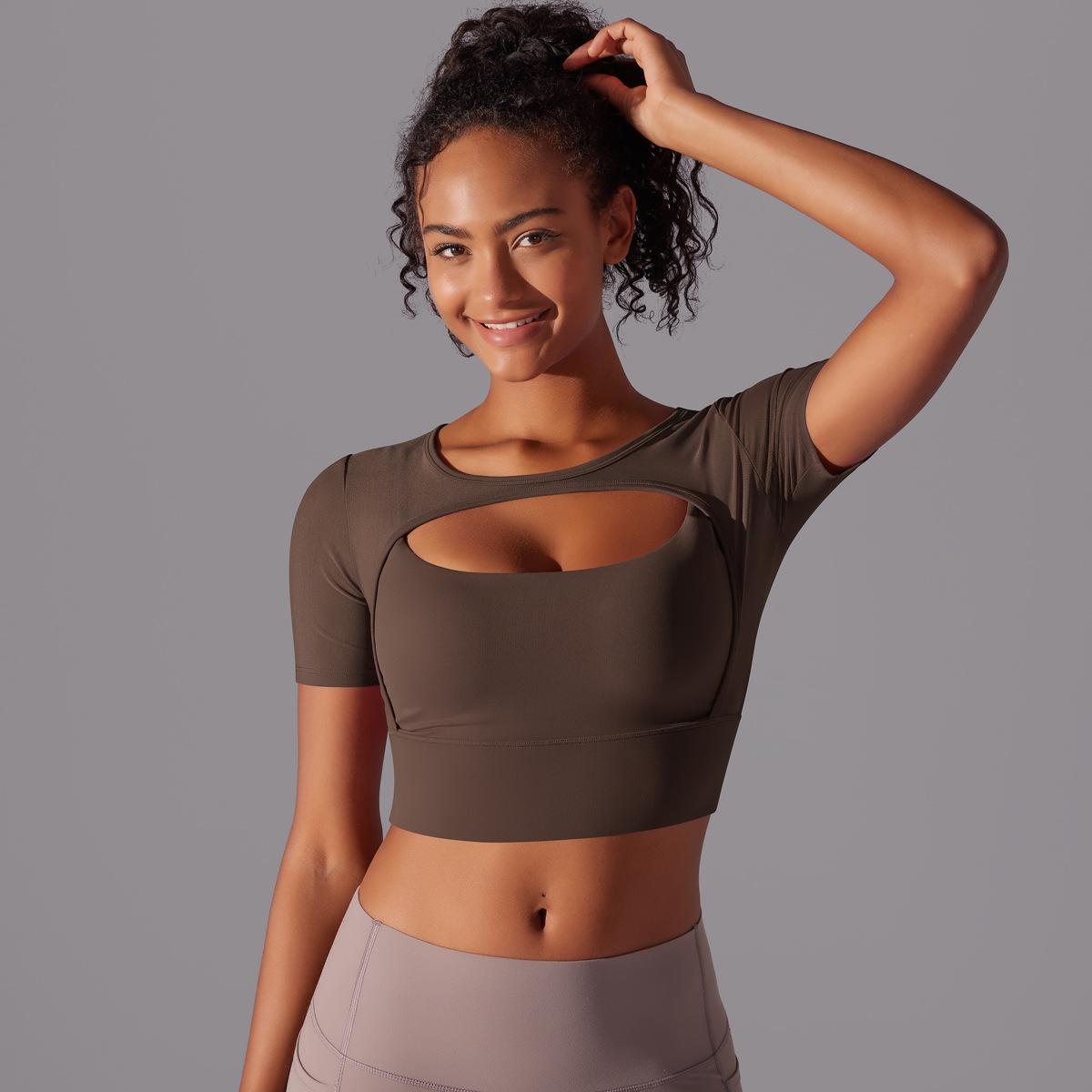 Classic Solid Color Mesh Stitching Double-Layer Short Sleeve Racerback Bra Top Women - Running, Fitness, Yoga Workout Top1123