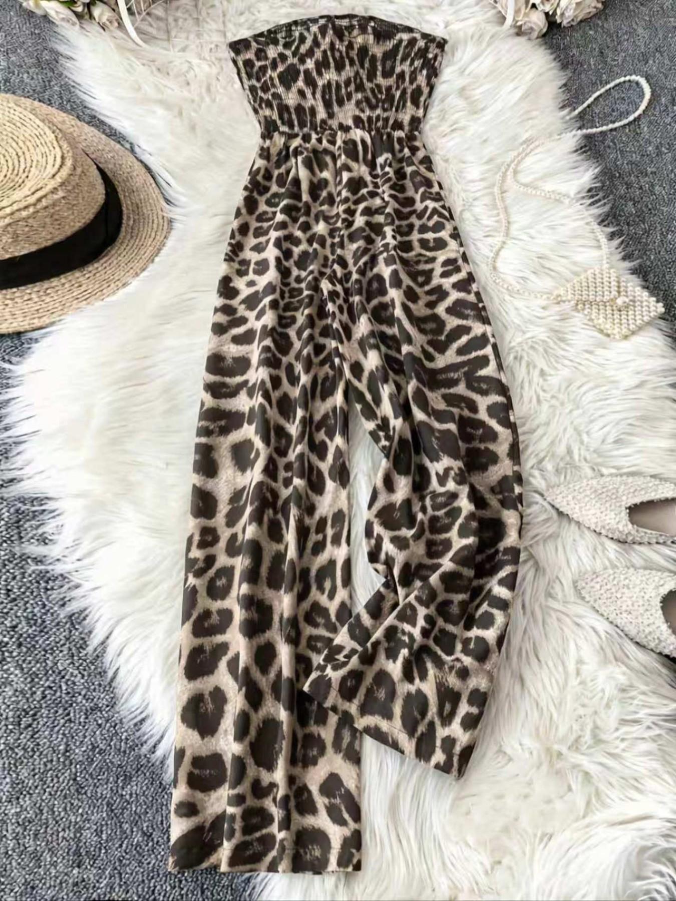 Women's Leopard Print Shirred Wide Leg Jumpsuit, Casual Sleeveless Tube Jumpsuit for Vacation Holiday, Ladies Clothes for All Seasons