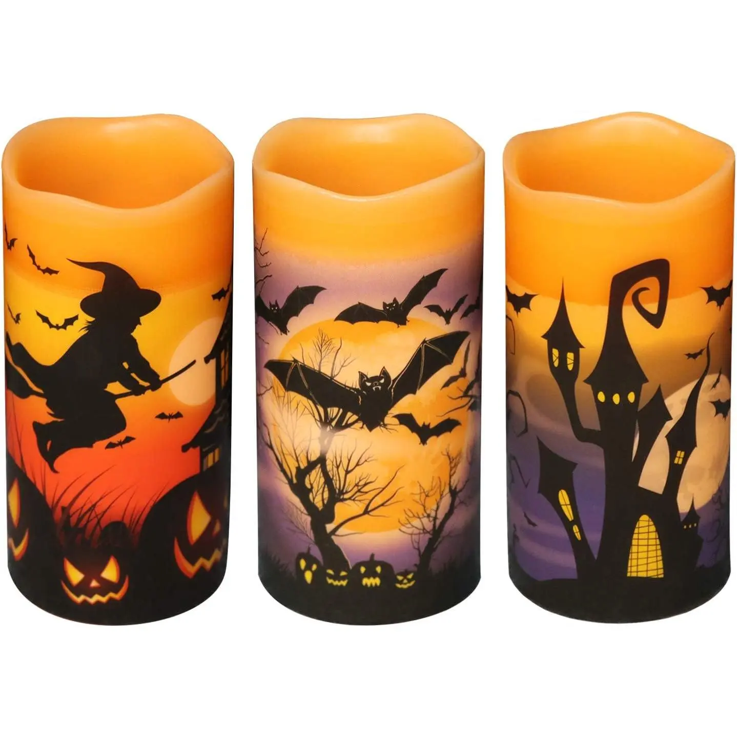 Halloween LED Flameless Pillar Candles Battery Operated with Timer| Orange Real Wax Warm Light Flickering, Witch Bats Spooky Decal, Halloween Indoor, 3"D x 6"H, 3 Pack