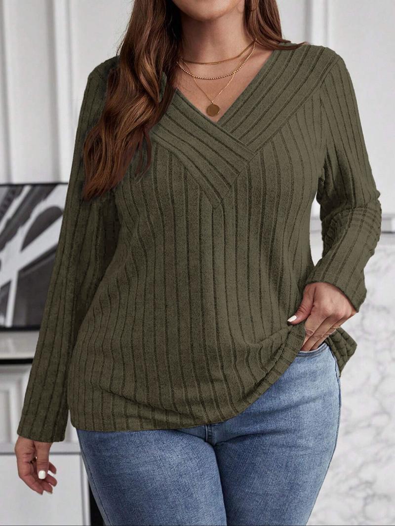 Plus Size Women's V Neck Knit Top, Sexy Ultra Soft Elastic Lightweight Fabric, Elegant Casual Fashion for Spring & Fall Seasons