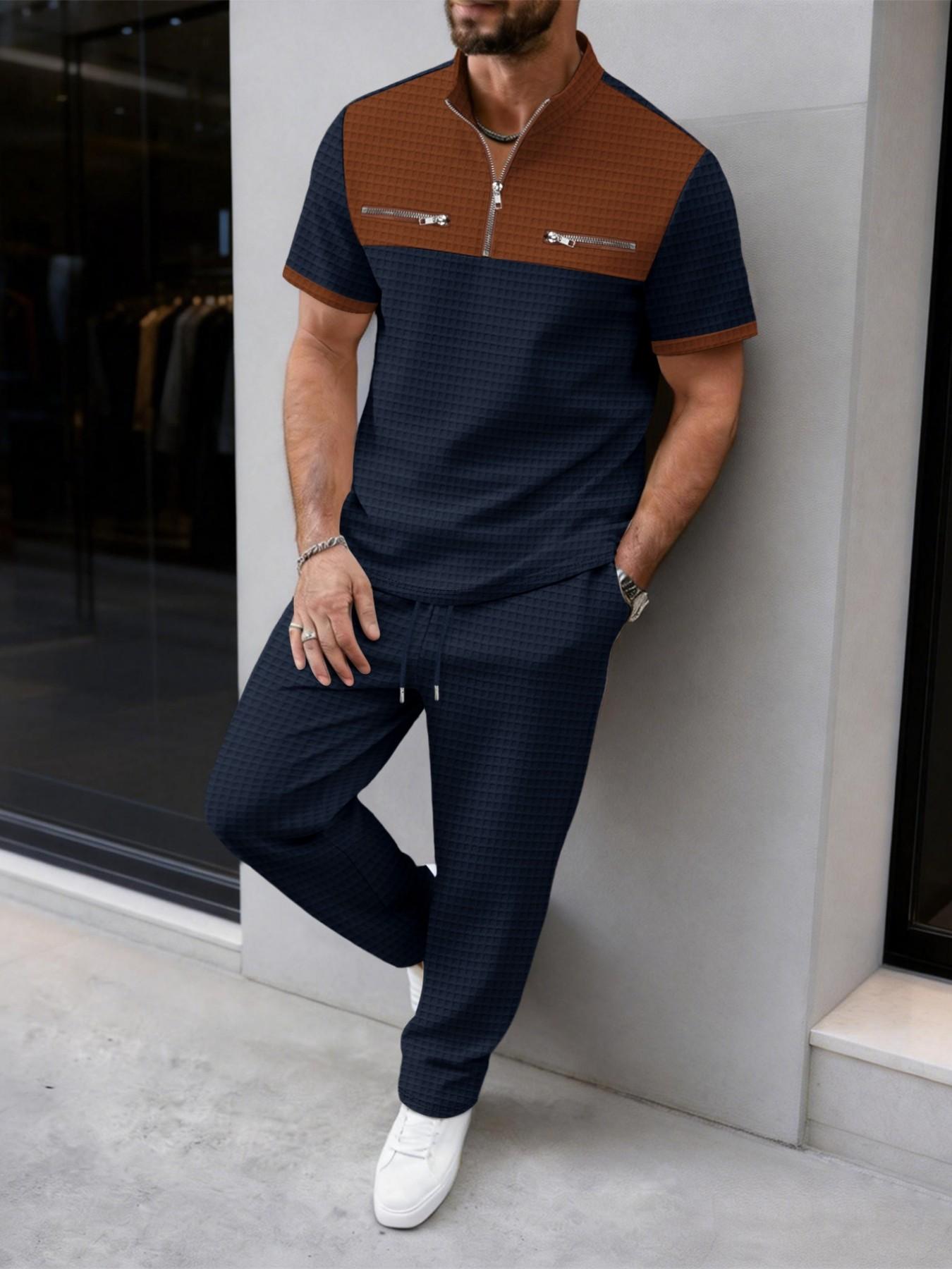 Men's 2-Piece Set, Summer Contrast Half-Zip Stand Collar Suit, Waffle Texture Short Sleeve Drawstring Long Pants, Casual Sportswear, Casual Sportswear Outfit
