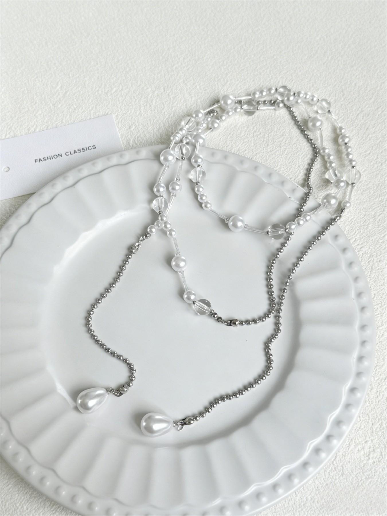 Vintage Imitation Pearl Long Necklace for Women, Versatile Wearable Jewelry, Simple Handmade Beaded Party Holiday Elegant Necklace