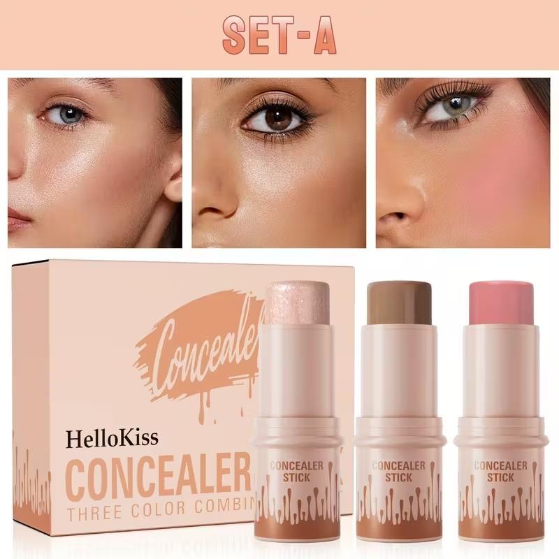4-Piece Contour Stick Set, Highlighter, Blush Stick, Cream Contour Makeup Kit with Brush, Non-Greasy, Waterproof Long-Lasting, Ideal for Beginners