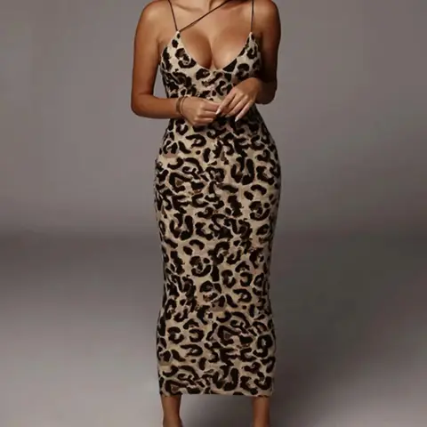 Women's Allover-Print Leopard or Solid-Color Spaghetti-Strap Bodycon Midi Dress with Deep V-Neck, Stretch Dress for Date Nights, Parties and Evening Events, Womenswear