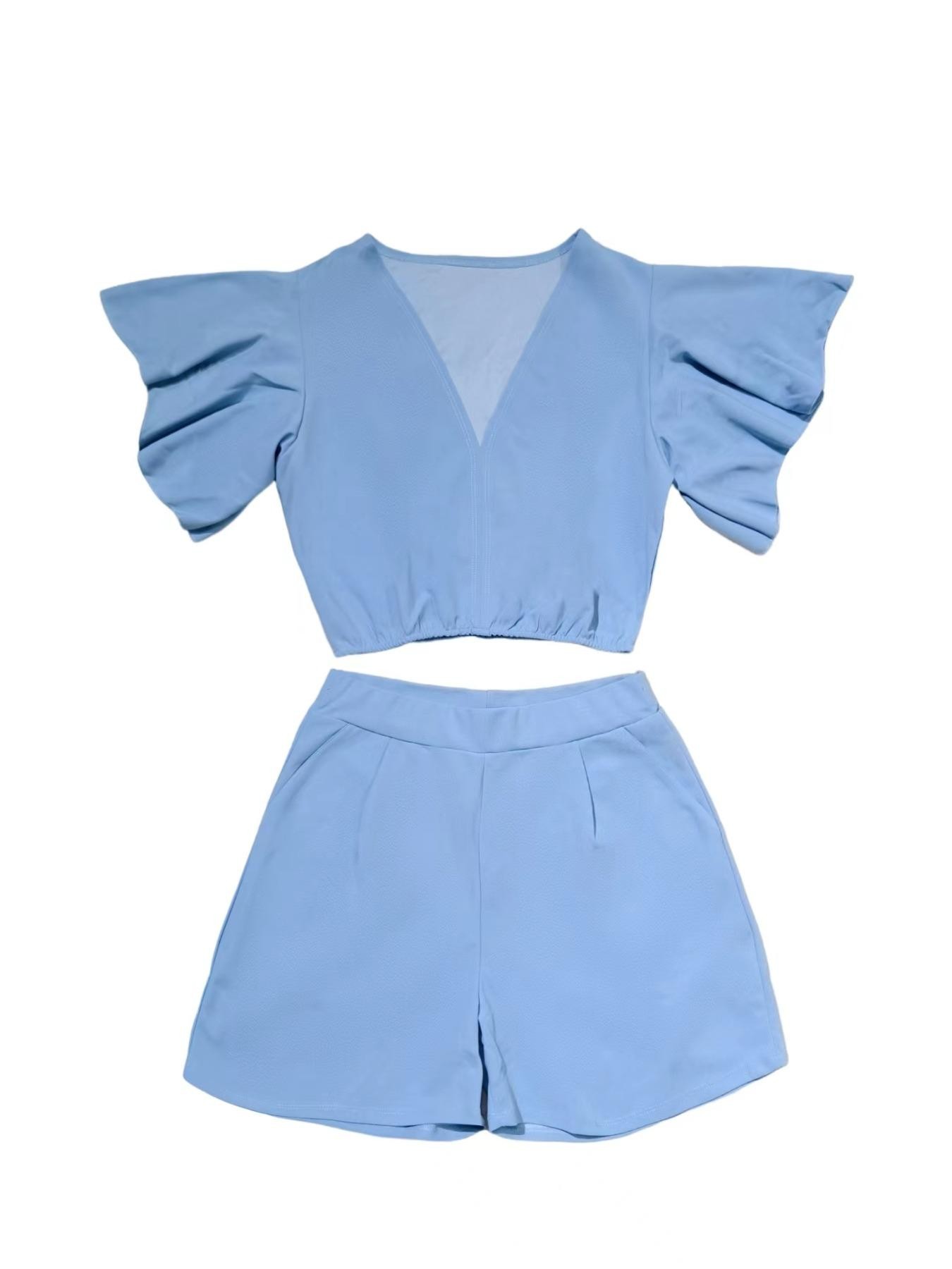 Women's V-Neck Short Sleeve Top & Shorts Set, Casual Two-Piece, Multiple Colors Available, Perfect for Daily Wear Sy1060
