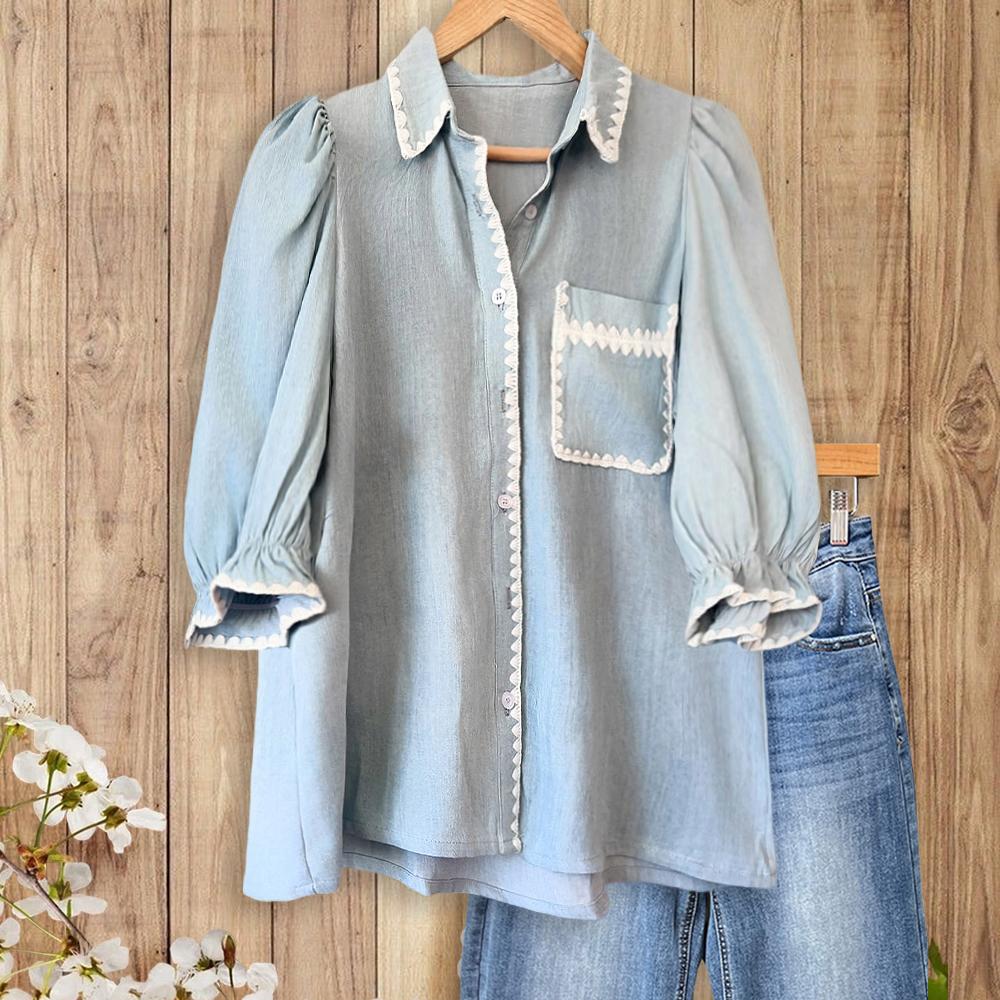 SageVell 100% Cotton 3/4 Puff Sleeve Chambray Shirt - Blue Collared Blouse with White Trim, Cottagecore Essential Top for Women SpringStatements