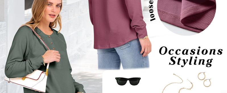 ANRABESS Women's Long Sleeve Waffle Knit Shirts Dressy Casual Loose Button Up V Neck Henley Tops 2025 Fall Basic Tee Blouse