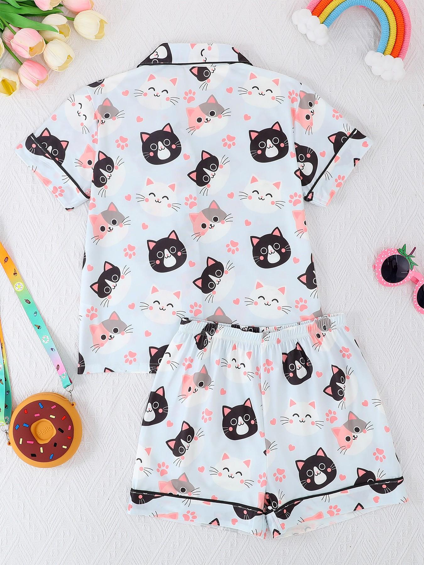 2-Piece Kids Pajama Set, Cartoon Cat Footprint Pattern, Fashion Open-Cardigan Short Sleeve, Flame-Retardant Knit, All Seasons, Party Gift