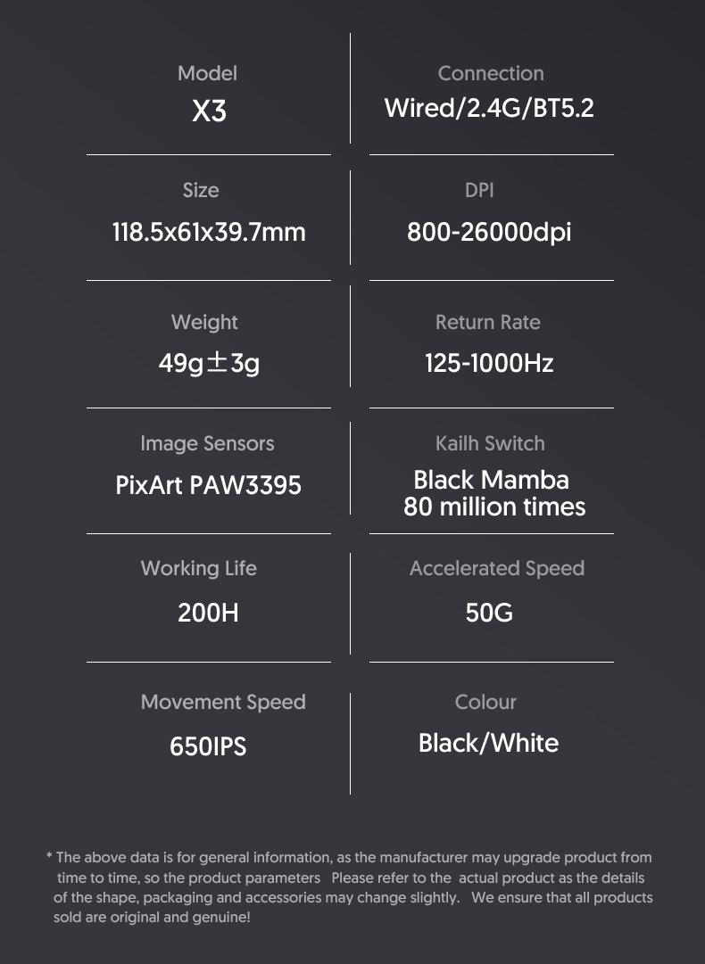 ATTACK SHARK X3 Wireless Gaming Mouse PAW3395 Superlight 49g SUPERLIGHT, PixArt PAW3395 Gaming Sensor, BT/2.4G Wireless/Wired, 6 Adjustable DPI up to 26000, 200 hrs Battery