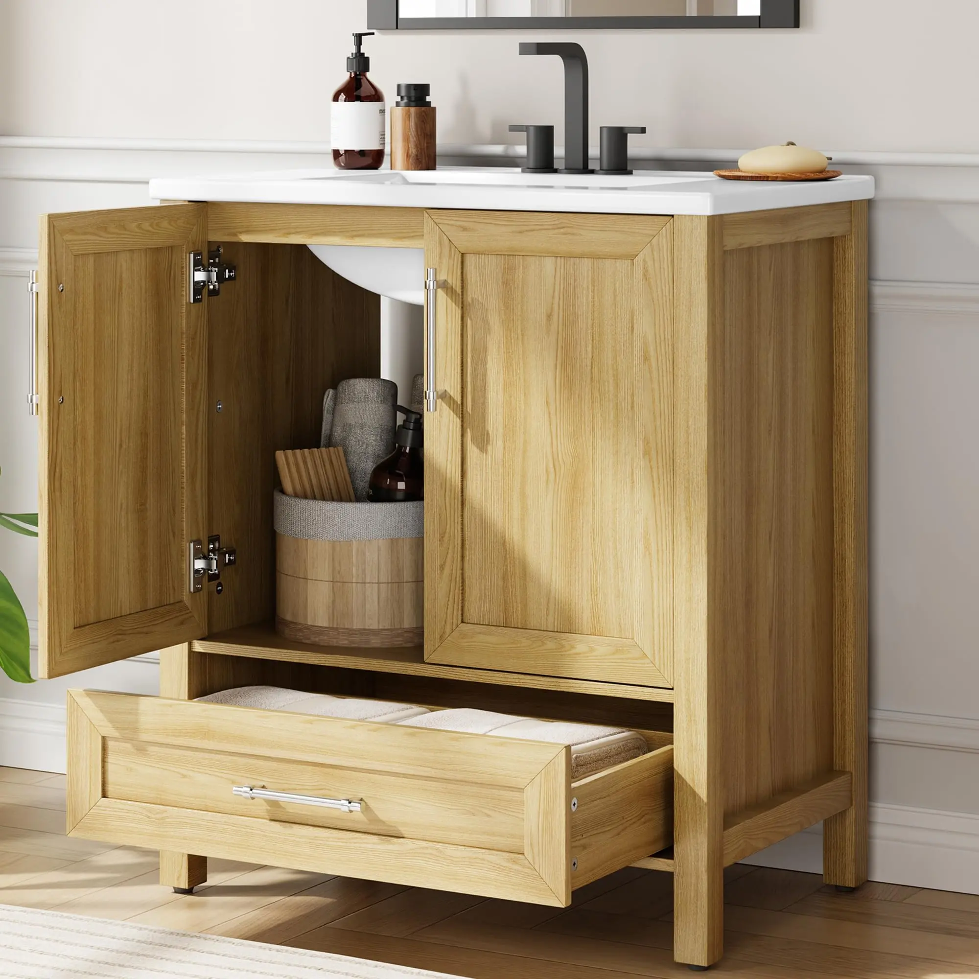 30 Inch Bathroom Vanity with Sink, Farmhouse Freestanding Wooden Bathroom Cabinet, Vintage Vanity Unit with Doors, Drawers and Countertop Sink