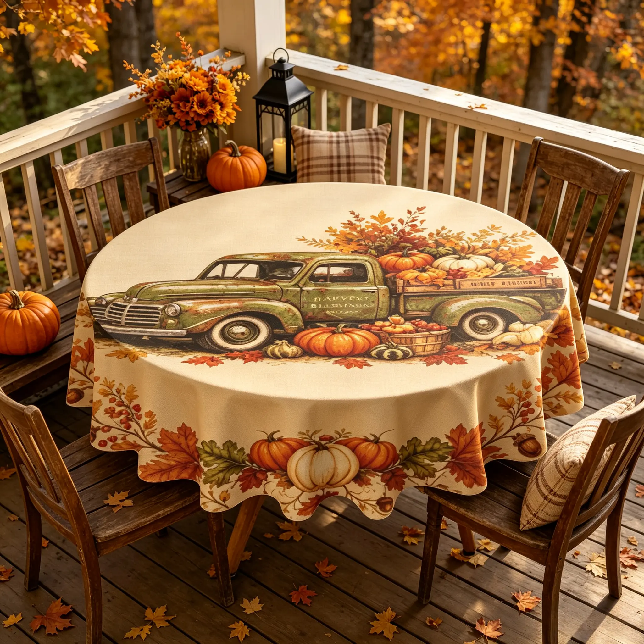 1pc Waterproof Round Tablecloth, Fall Vintage Green Truck Pumpkin Maple Leaf Table Cover, Spill‑Proof Wrinkle Resistant Autumn Harvest Thanksgiving Decorative Table Cloth for Kitchen Dining Holiday Party