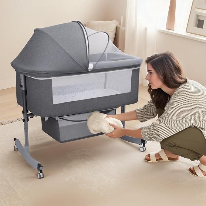 3 in 1 Baby Bassinet,Bedside/Rocking Bassinet for Baby,Bedside Crib with Lockable Wheels,Waterproof Mattress,Adjustable 6 Heights,Portable Bassinets Bedside Sleeper for Newborn Infant