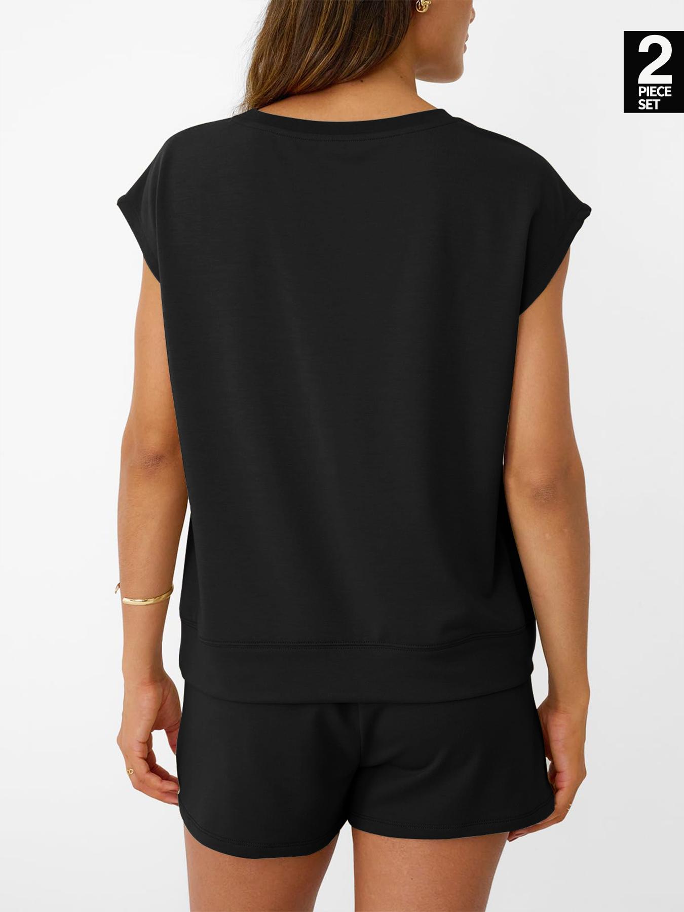 Women's Solid Curved Hem Tee & Drawstring Waist Shorts Set, Casual Cap Sleeve T-shirt & Pocket Shorts, Ladies Sleepwear for Summer, Loungewear Pajama Set