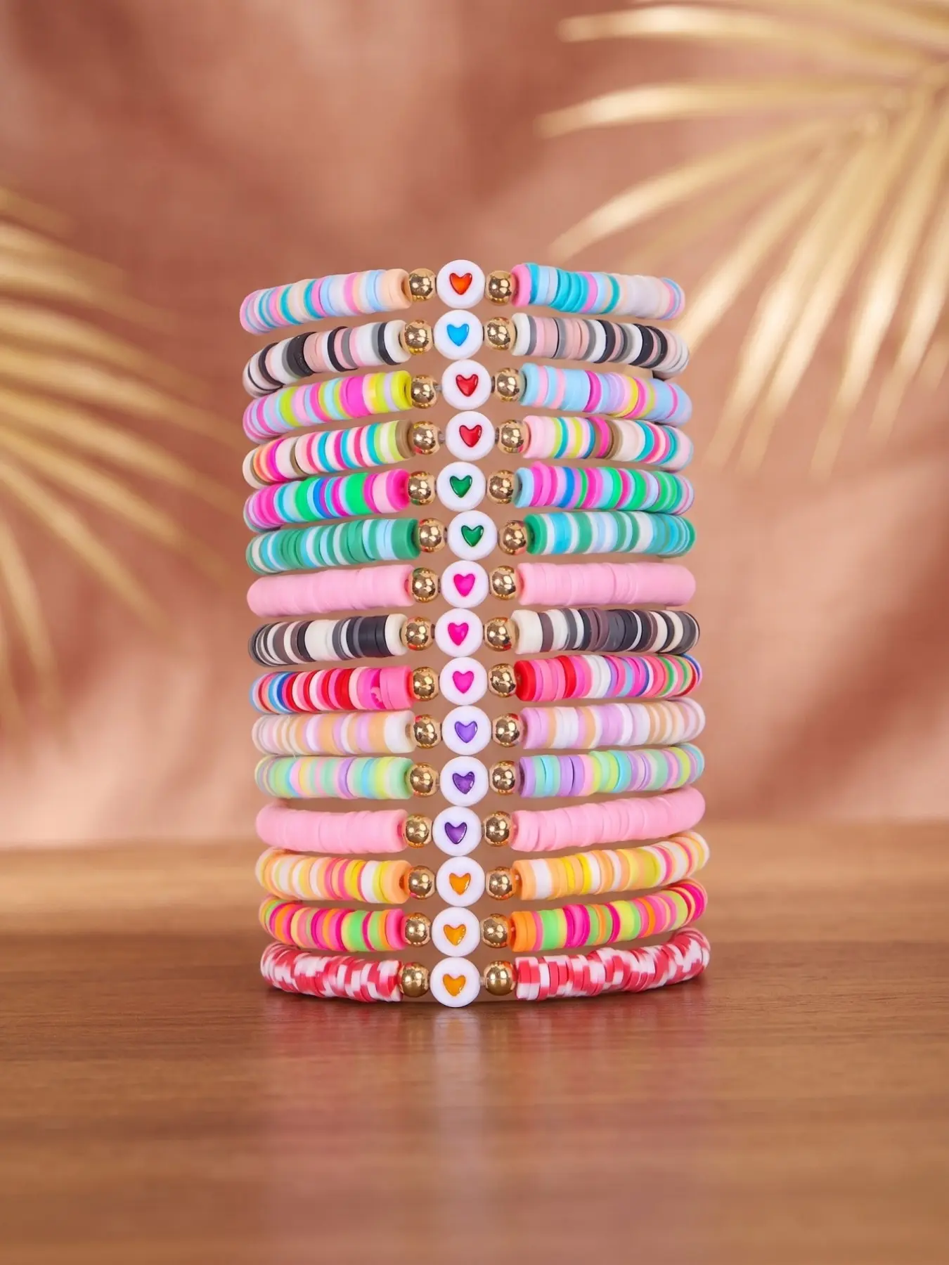 15-Piece Multicolor Acrylic Heart Soft Clay Bead Stretch Bracelet, Bohemian Layered Wrist Jewelry for Women, Fashionable Accessory