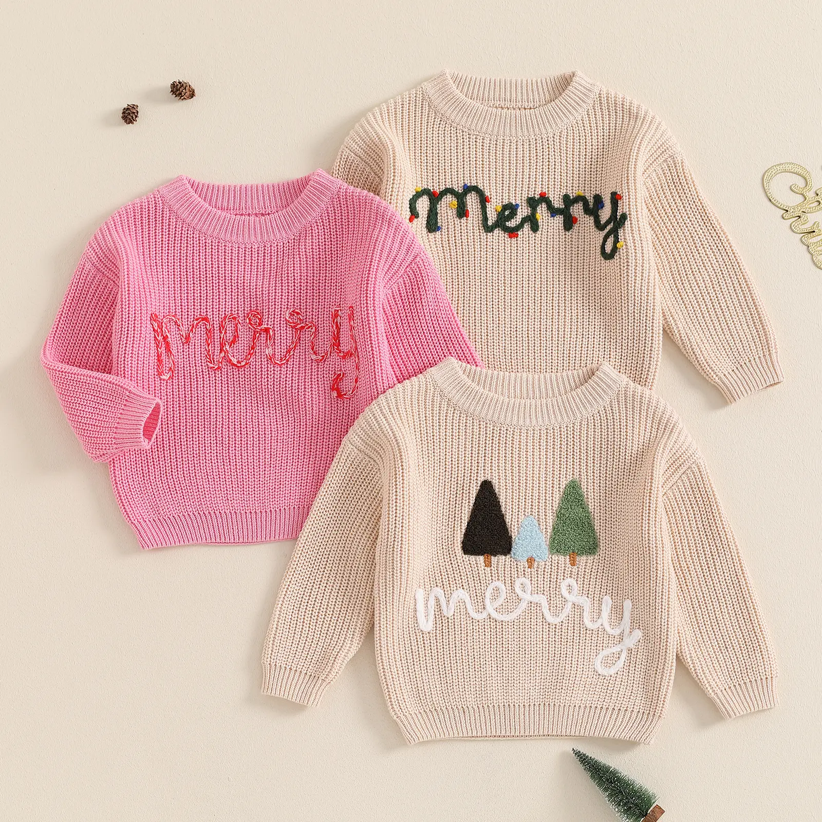 Toddler Baby Little Boy Christmas Sweater Merry Chritsmas Embroidery Long Sleeve Knitted Pullover Xmas Holiday Fall Winter Tops 0-3 Years