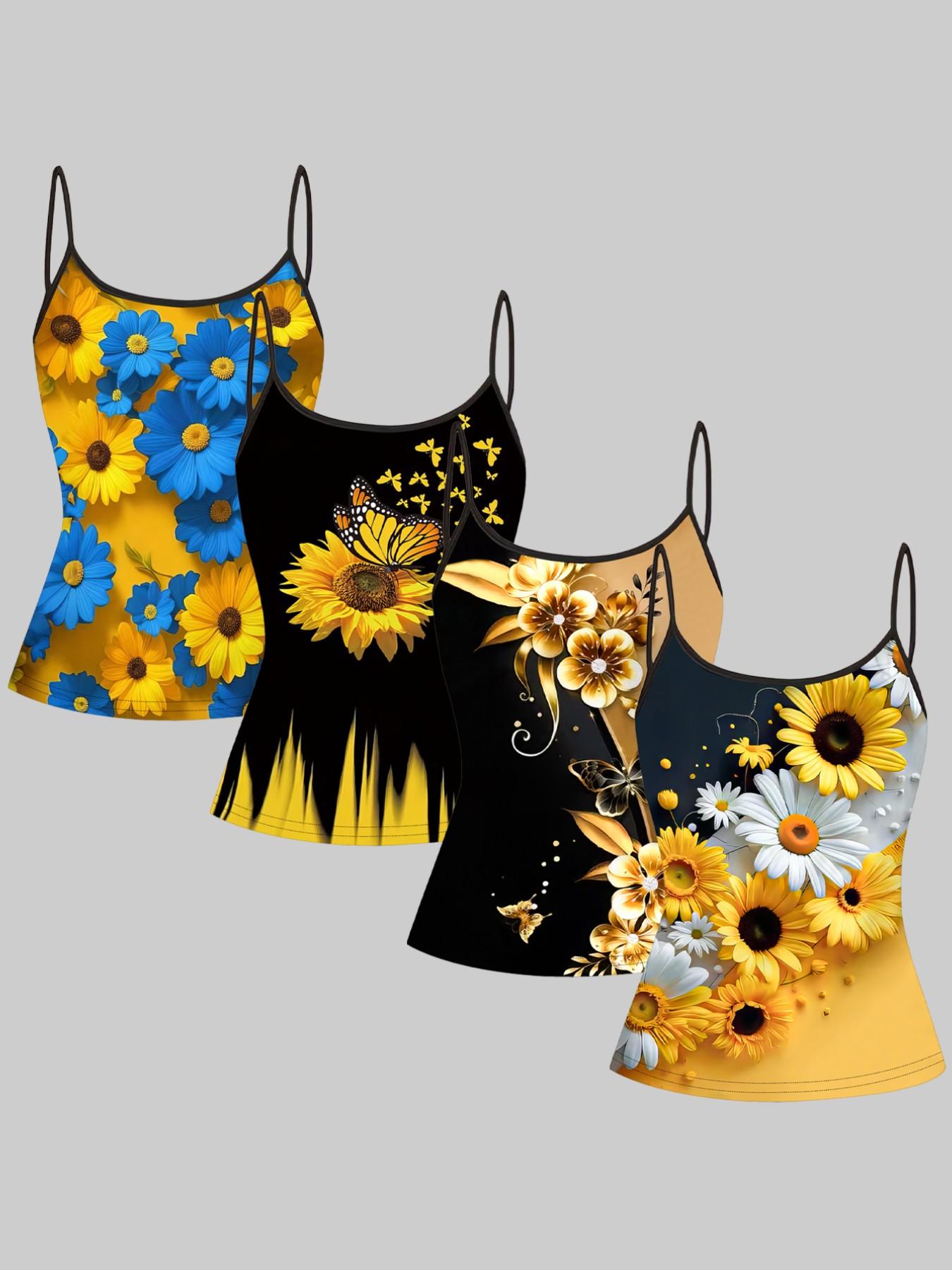 Sunflower Daisy Print Halter Top, Summer Home Sleepwear Outerwear, Unique Slim Fit Shirt, Four-Piece Set, Casual Style