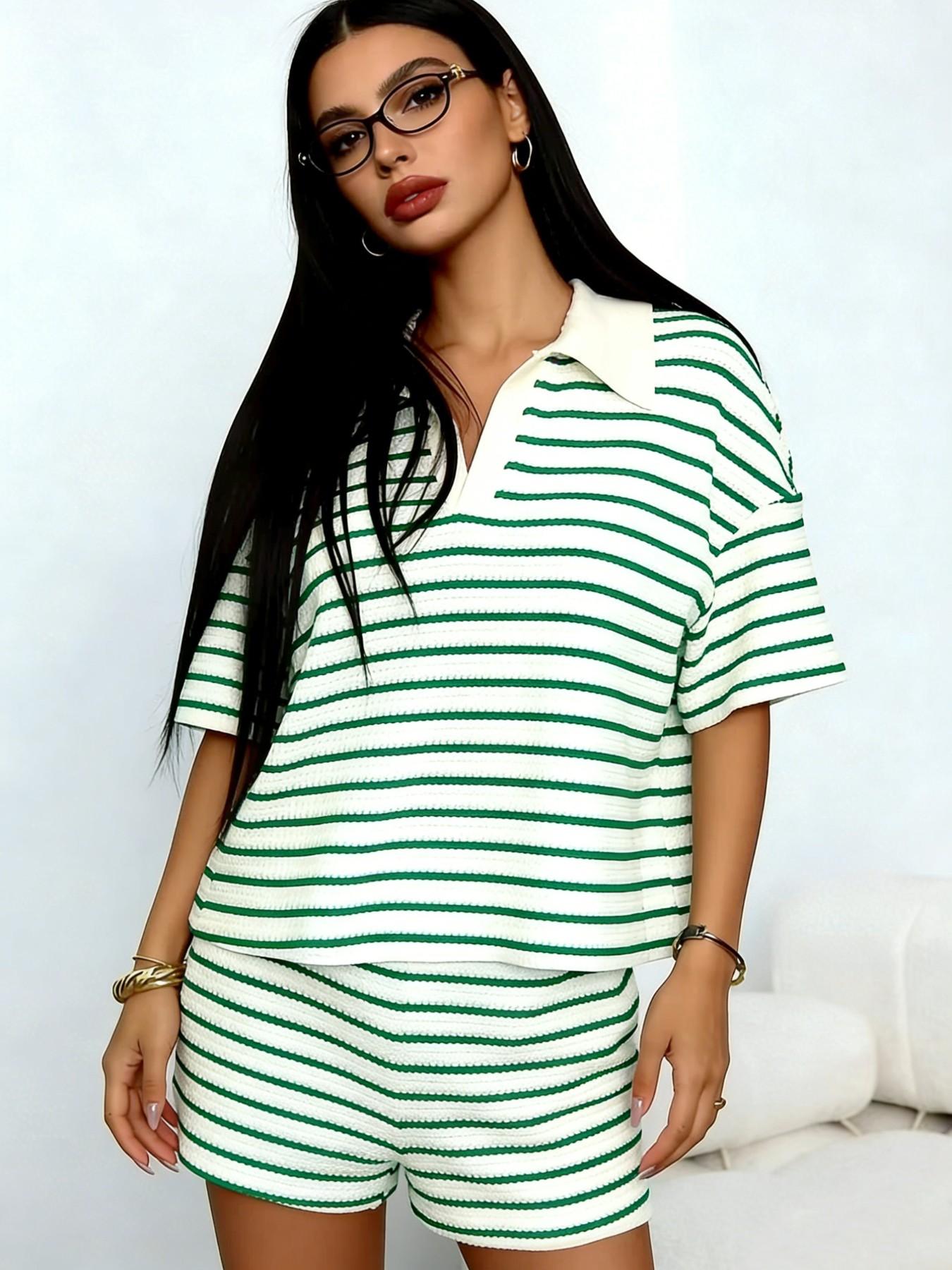 Women's V-Neck Striped Short Sleeve Top & High-Waisted Shorts Set Outfit, Summer Casual Two-Piece, Loose Fit Comfortable Clothing