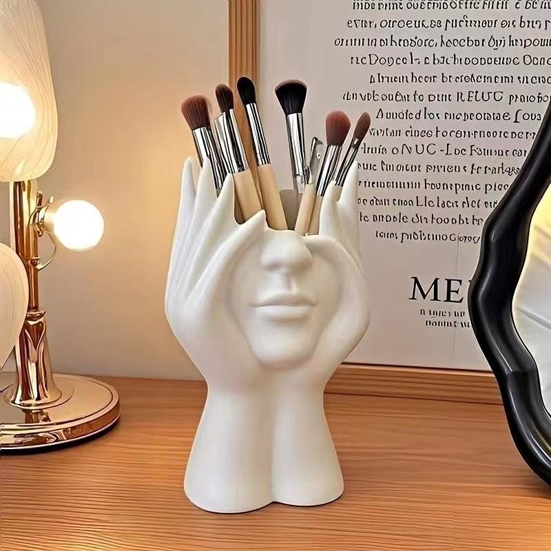 Artistic Hand and Face Sculpture Brush Holder, Minimalist Abstract Decor for Vanity and Desk, Elegant Desktop Accessory