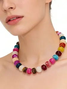 Women's Resin Bead Necklace, Dainty Boho Necklace, Bohemian Style Jewelry Accessory, Colorful String Pearl Pendant Design, Perfect Gift for Her