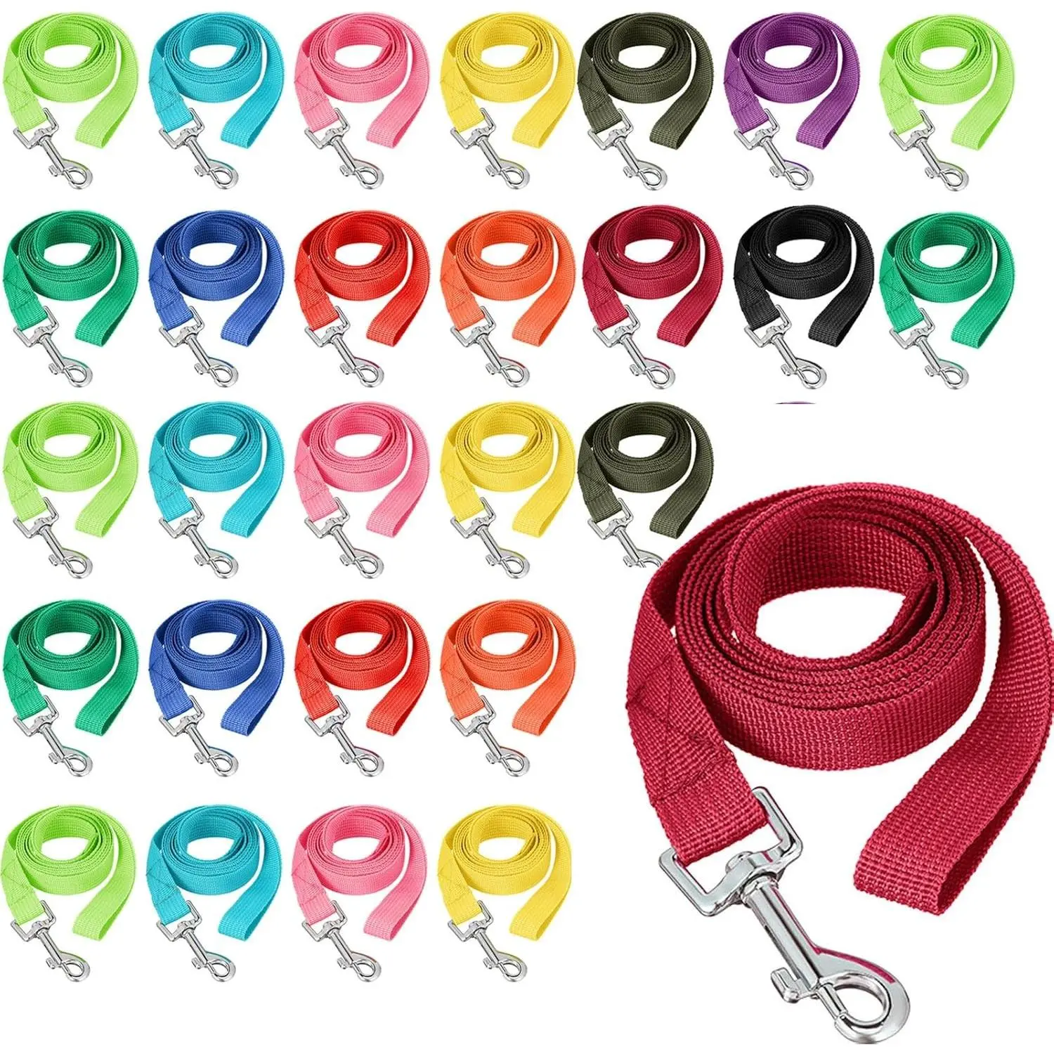 24-Pack 5 ft Nylon Fabric Dog Training Leashes with Swivel Clasps & Metal Rings, Bulk for Small-Medium Puppies, 12 Assorted Bright Colors for Training, Camping, Metal Ring
