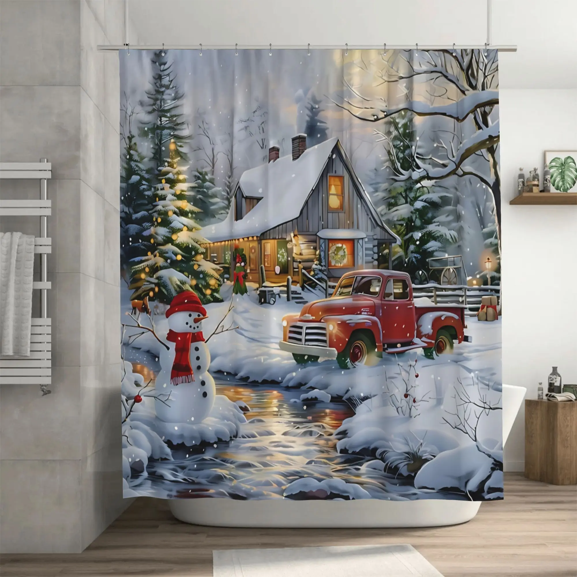 Christmas Winter Cabin Red Truck Snowman Shower Curtain, Rustic Snowy Forest Stream Holiday Bathroom Decor, Winter Farmhouse Christmas Bath Curtain With Hooks