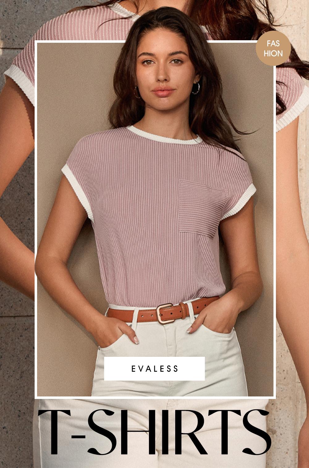 EVALESS Women's Casual T Shirts Crewneck Short Sleeve Color Block Ribbed Knitwear Slim Fitted Blouses Tops 2026 Trendy Minimalist Womenswear Summer Outfits Summervibes SwimWeek