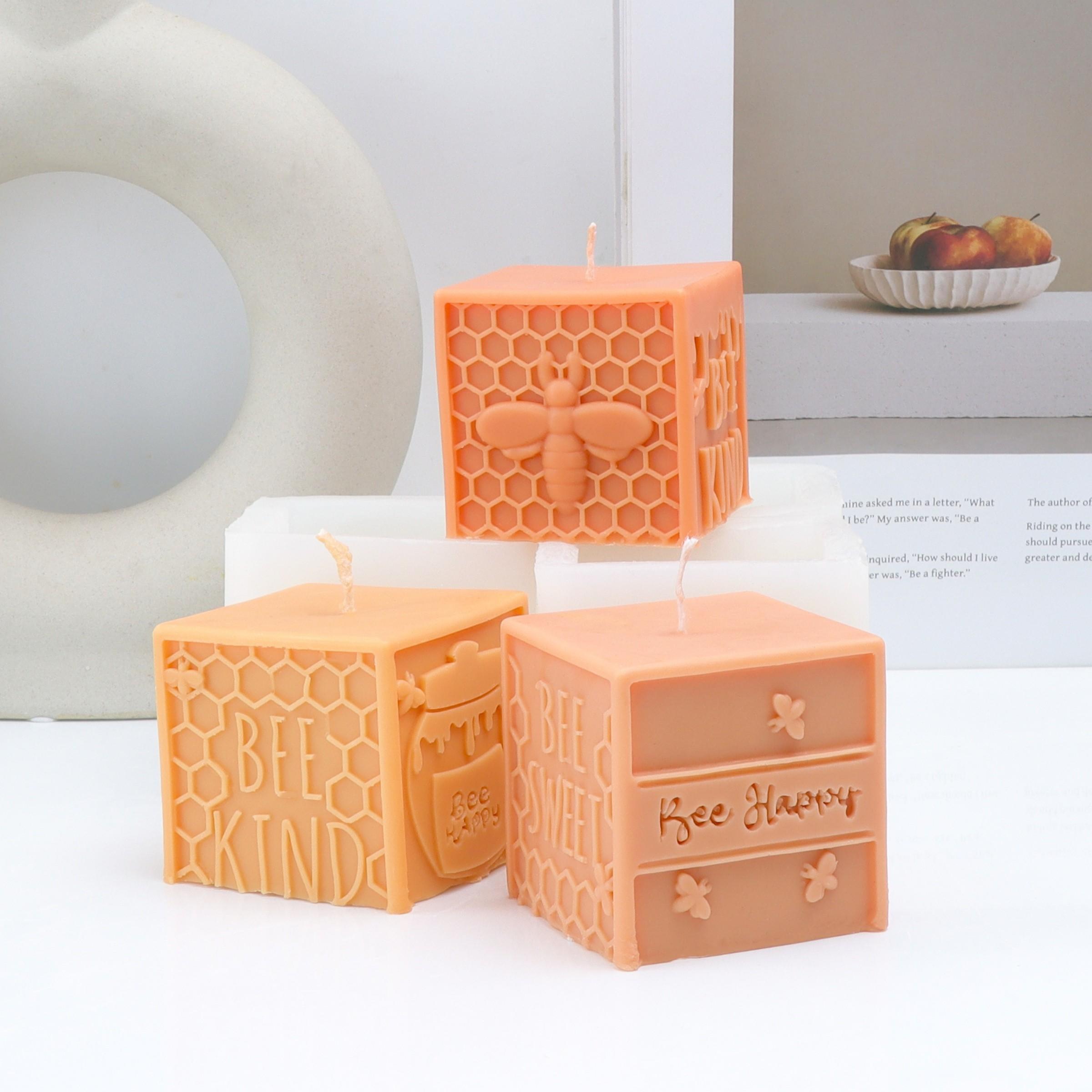 Bee Theme Candle Silicone Mold 3D Cube Bee Kind Honeycomb & Honey Pot Moulds for DIY Candle, Soap, Resin Craft, Cute Handmade Gifts
