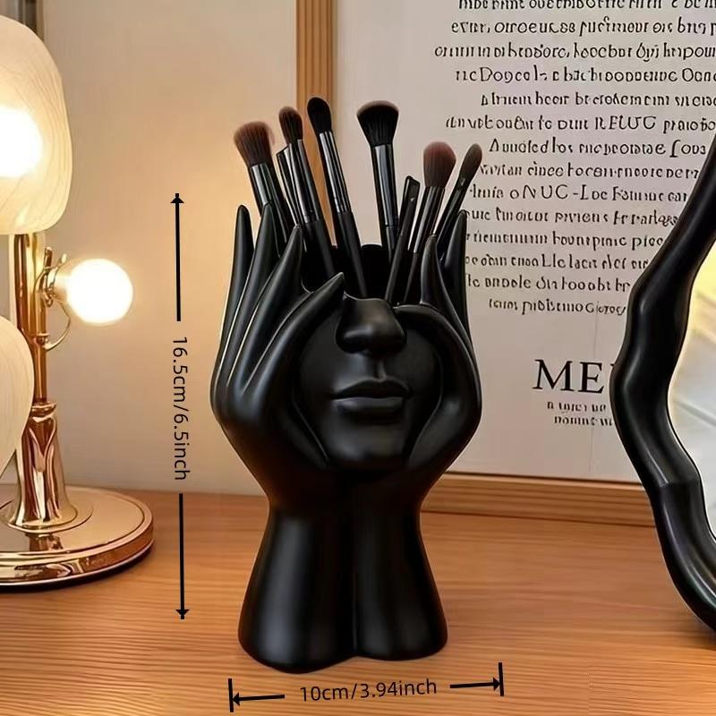 Artistic Hand and Face Sculpture Brush Holder, Minimalist Abstract Decor for Vanity and Desk, Elegant Desktop Accessory