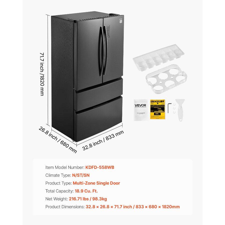 VEVOR Full-Sized French Door Refrigerator, 18.9 Cu. Ft. Counter Depth No Frost Freezer-On-Bottom Fridge, LED Display, 4 Casters, Black for Home Use