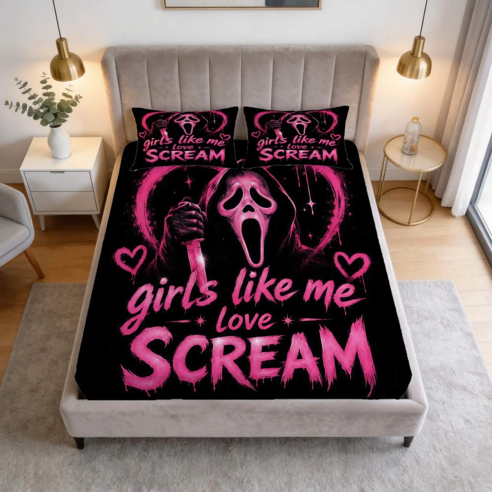 3-Piece Set Of Halloween Ghost Face Patterned Bed Sheets, Including 1 Bed Sheet And 2 Pillowcases, Soft And Comfortable Bedding, Anti Slip Dust Cover, Suitable For Bedrooms And Guest Rooms