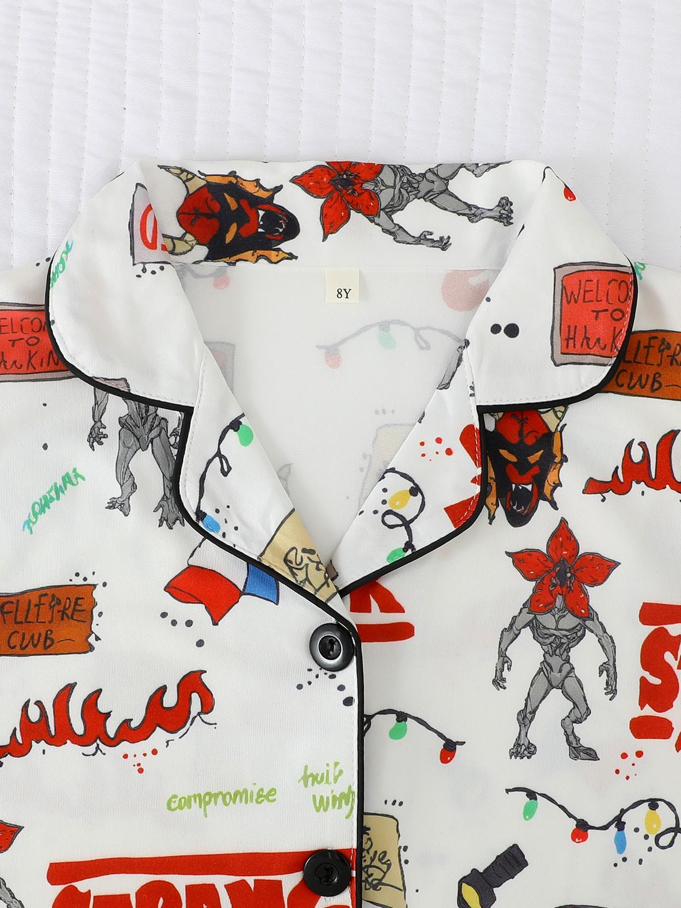 Kids Pajama Set, Cartoon Monster Pattern, Fashion Open-Cardigan Short Sleeve, Flame-Retardant Knit, All Seasons, Party Gift