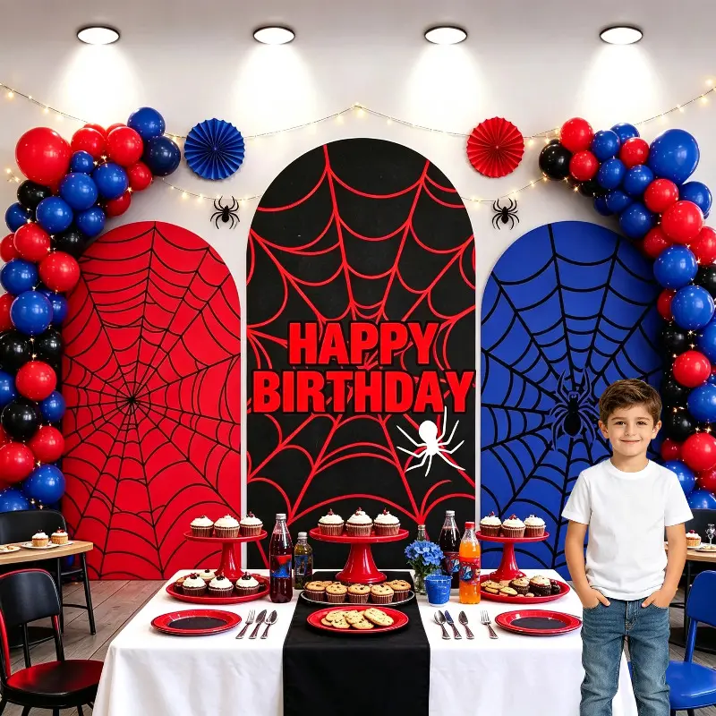 Spider Web Arch Backdrop Cover Superhero Theme Kid Boy Happy Birthday Party Photography Background Decoration, Double Sided with Bottom Zipper, Stretchy Spandex Chiara Cover, Frame Not Included