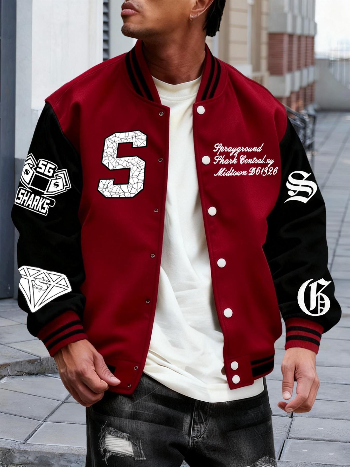 Men's Trendy Baseball Jacket, Geometric Pattern, Colorblock Sleeves, Button Closure, Stretch Fabric, All Season Outerwear, Casual Style