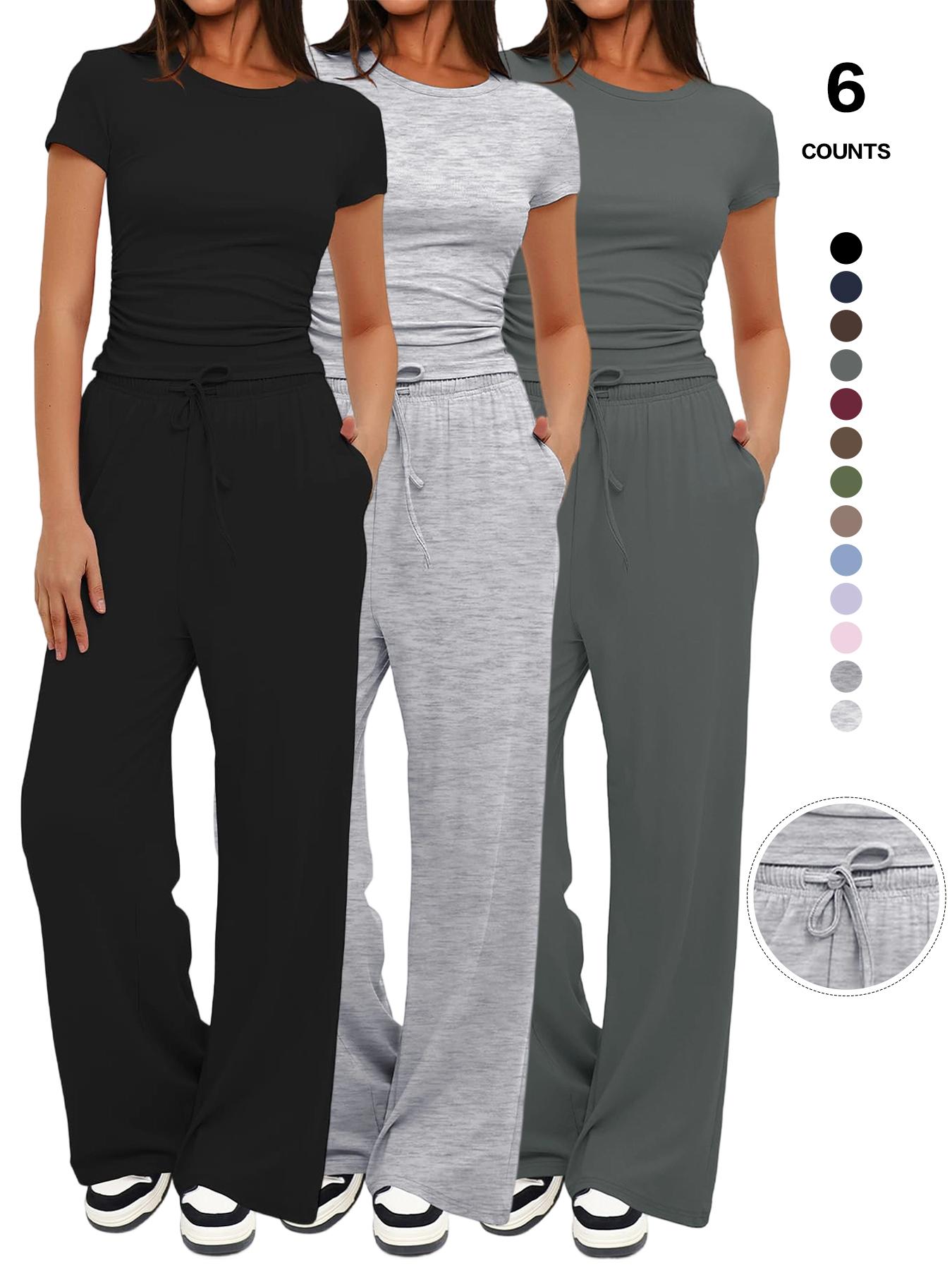 Women's Spring Summer Casual Chic Set, Round Neck Short Sleeve Top & Wide Leg Pants, Slim Fit Home Wear, 2 Piece, Ruched Design, Drawstring