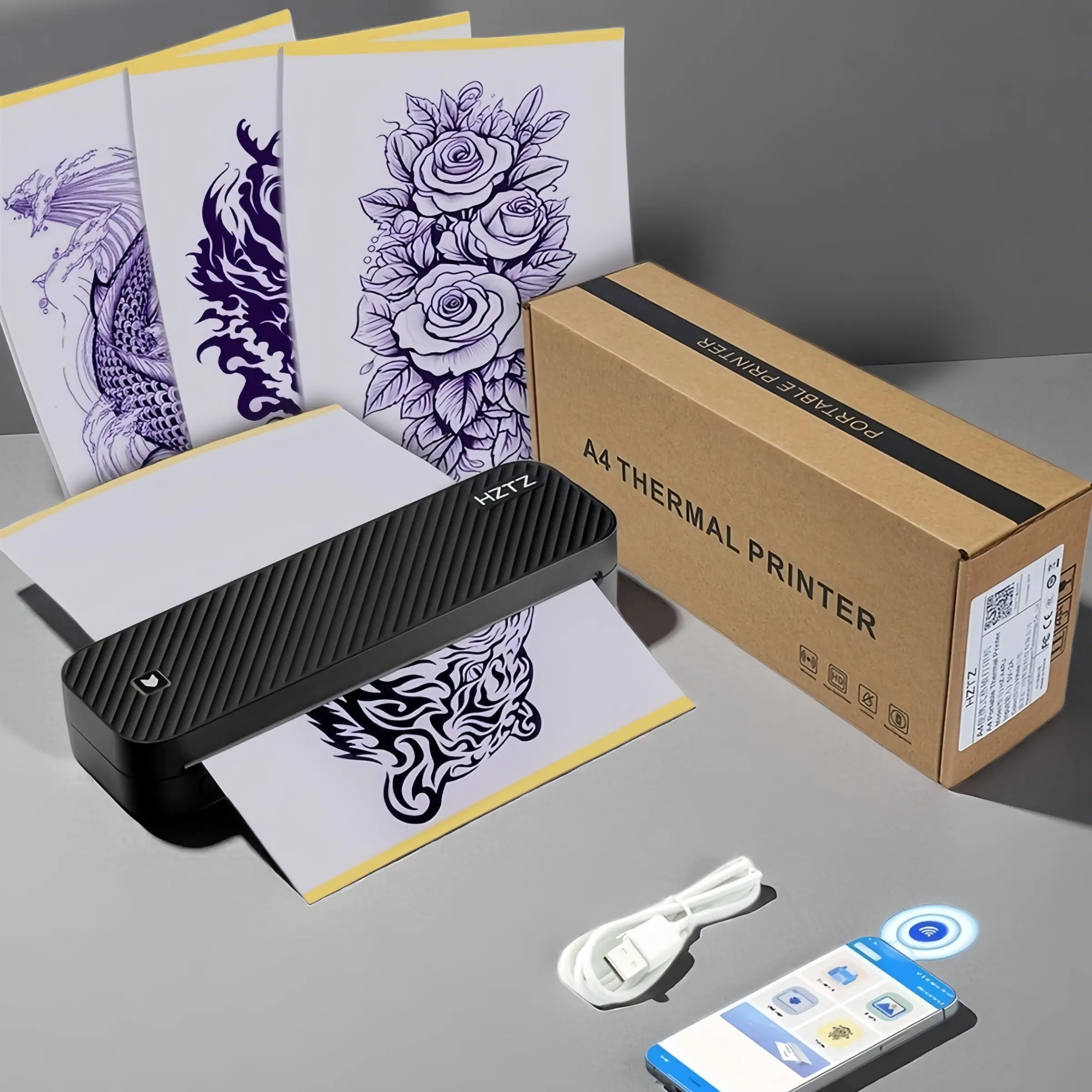 Hztz A4 Thermal Printer Wireless Bluetooth-compatible Professional A4 Paper Pdf Printer Tattoo Template Copier Compatible with Phone, 203dpi Inkless Portable Printer, Inkless Mobile Printer, 2600mAh