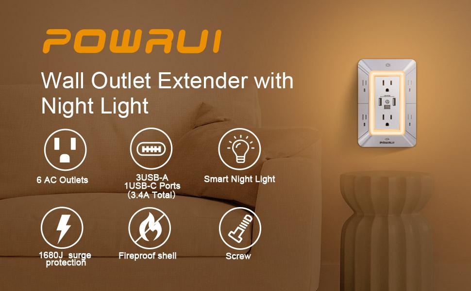 Multi Plug Outlet Surge Protector - POWRUI 6 Outlet Extender with 3 USB Ports (1 USB C) and Night Light, 3-Sided Power Strip with Adapter Spaced Outlets - White, ETL Listed