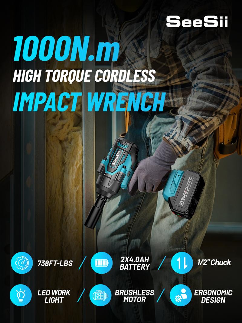 Seesii 1000Nm(738ft-lbs) Cordless Impact Wrench,1/2" High Torque Brushless Impact Wrench w/2x 4.0Ah Battery,Fast Charger, 1 Extension Bar, 5 Sockets & Storage Case, Pistola De Impacto, Electric Impact Wrench for Car Truck,WH760 Black Friday Deals Seesii 1000Nm(738ft-lbs) Cordless Impact Wrench,1/2" High Torque Brushless Impact Wrench w/2x 4.0Ah Battery,Fast Charger, 1 Extension Bar, 5 Sockets & Storage Case, Pistola De Impacto, Electric Impact Wrench for Car Truck,WH760 Black Friday Deals