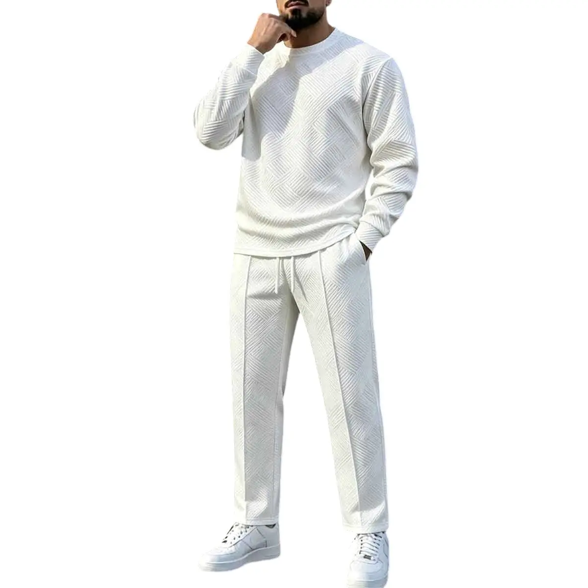 Men's White 2-Piece Clothing Set - Textured Chevron Crew Neck Long Sleeve Regular Fit Shirts & Elastic Drawstring Straight Leg Pants, Lightweight Breathable Soft Stretchy, 97% Polyester 3% Spandex, Cold Wash, Casual Wear