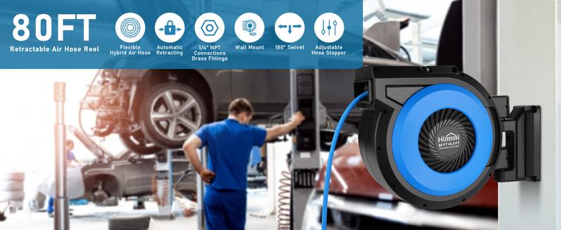 Retractable Air Hose Reel, 50/80ft Hose + 6.6ft Lead, Ceiling/Wall Mounted Pneumatic Hose Reel for Home Garage Workshop Shop, Auto Rewind for Air Tools with Brass Fittings and Bend Restrictor, 300PSI