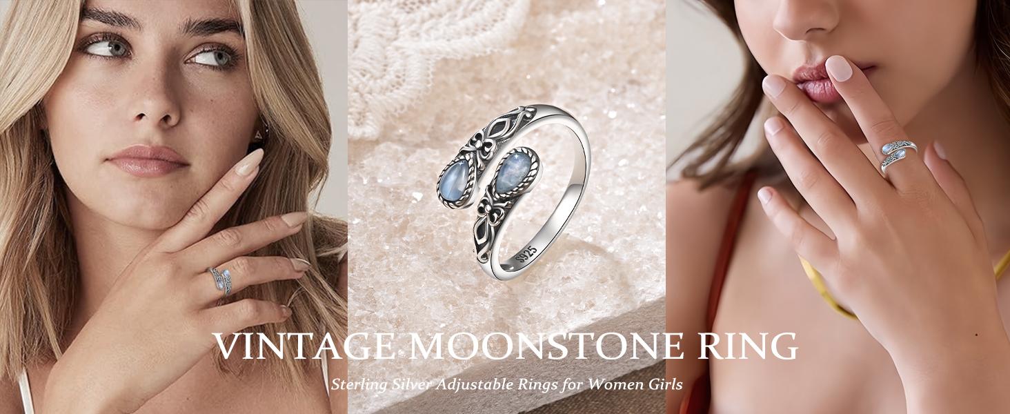 Vintage S925 Sterling Silver Adjustable Moonstone Ring, Floral Engraved Open Cuff Ring with Twin Teardrop Moonstones, Boho Vintage Statement Jewelry, Hypoallergenic Fashion Ring, Birthday, Anniversary, Mother's Day, Valentine's Day Gift for Women