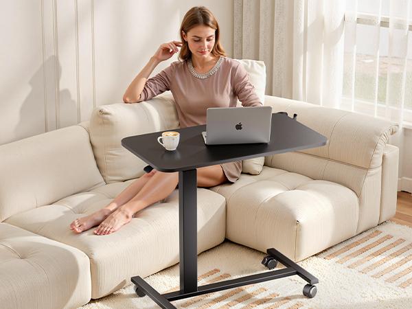COMHOMA Adjustable Overbed Bedside Table with Lockable Wheels, Pneumatic Mobile Standing Laptop Desk, Portable Rolling Overbed Table Hospital Home Use