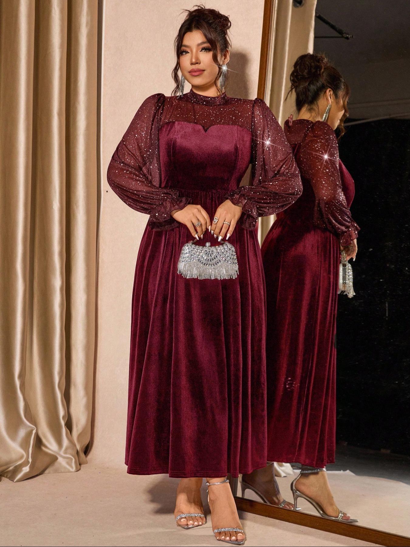 Plus Size Women's Mesh Velvet Elegant Bubble Sleeve Dress, Waist Cinched, Perfect for Parties and Gatherings, Fall & Winter Fashion