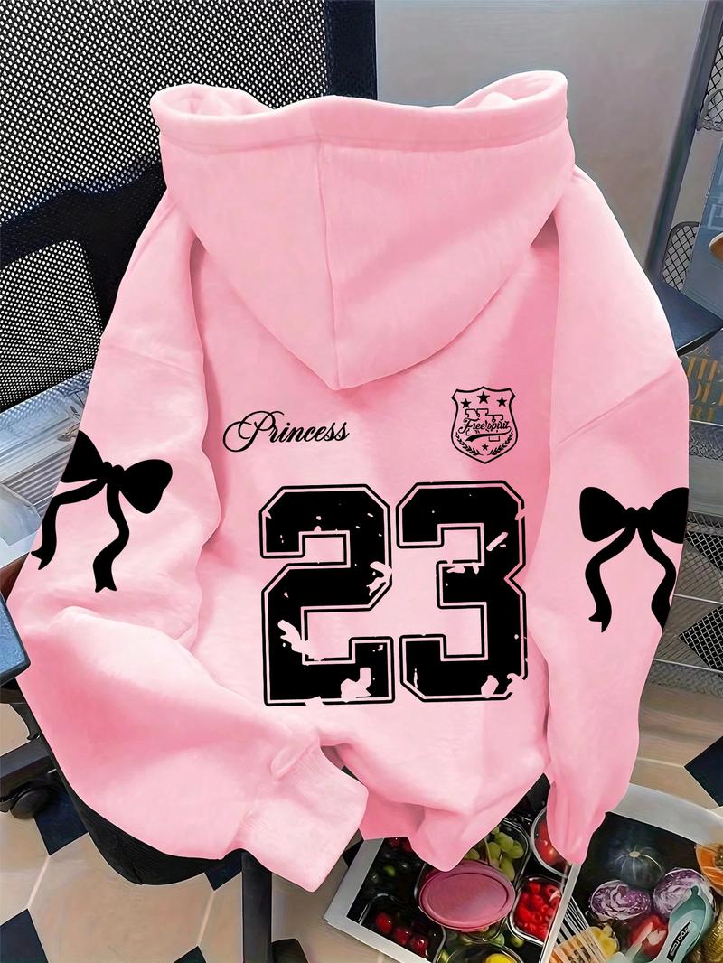 Women's cool and cute trendy number bow print hoodie, kangaroo pocket, drawstring hooded sweatshirt, fashionable autumn and winter wear, Graphic Hoodies