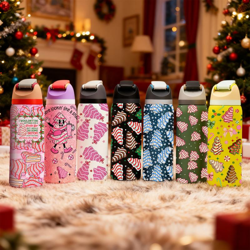 1 Pc19/24/32oz double wall insulated thermal mug, leak-proof skinny vacuum cup, Christmas cake and tree dessert pattern, pink background festive design, keeps hot 12 hours cold 24 hours, perfect gift for women men, holiday travel mug for hot cold drinks