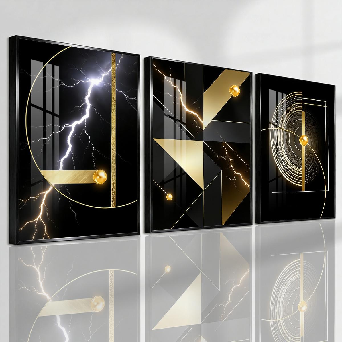 3 Counts Aluminum Alloy Framed Painting, Abstract Golden Geometric Lightning Art Pictures, Home Decoration For Living Room, Bedroom, Office, Restaurant, Hallway Wall Decor, Odorless Print Artwork, Luxury Perfect Gift For Friends And Family