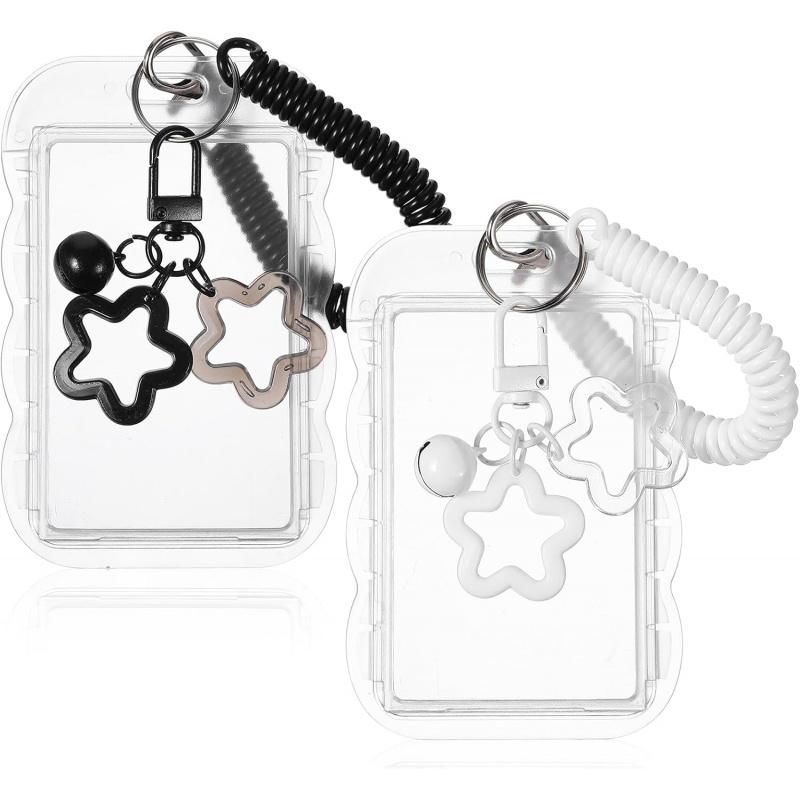 2 Pcs Cute Photocard Holder Keychain, Photocard Holder Keychain, Star Wave Photocards Keychains, Transparent Pc Holders, ID Card Holders Protective Sleeves for Bus Student Card Photo