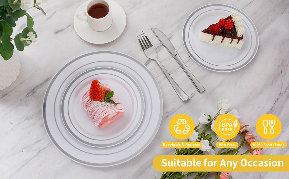 GOODLUCK 200PCS Silver Plastic Plates Heavy Duty Disposable 100 Dinner 10.25 inch & 100 Dessert 7.5 inch BPA-Free Party Holiday Wedding Christmas Plates